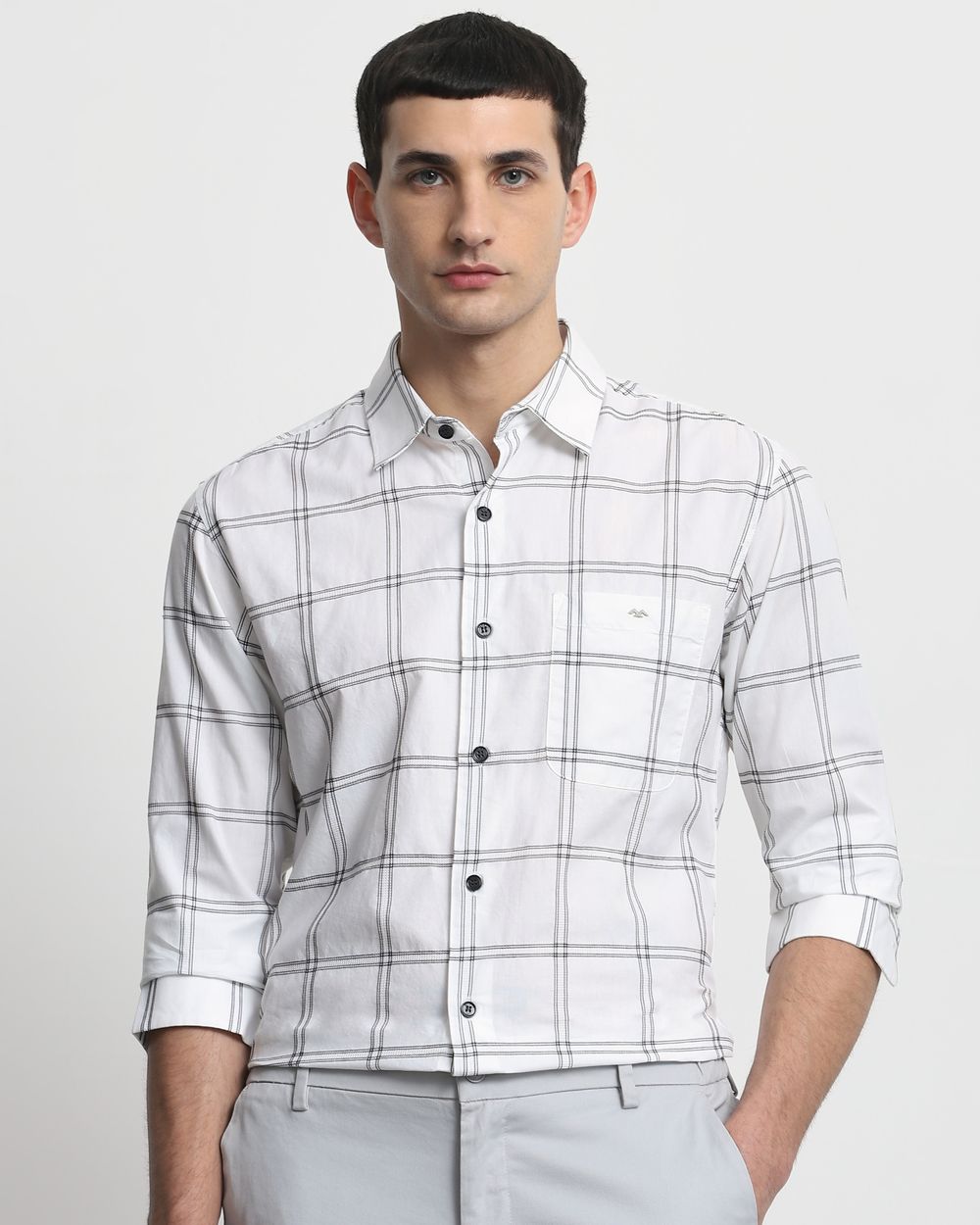 White Textured Check Slim Fit Casual Shirt