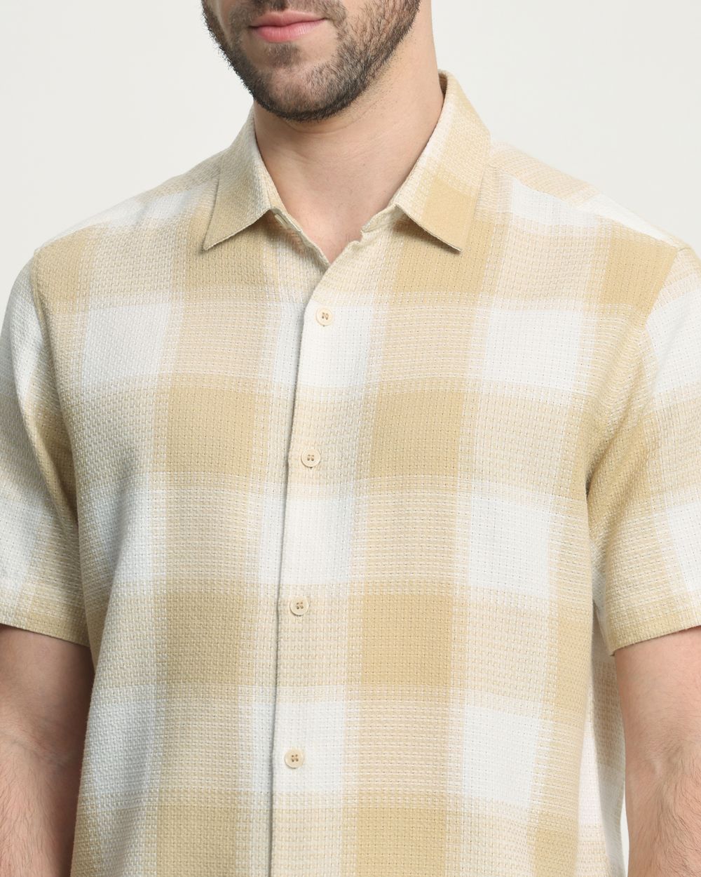 Beige Large Check Slim Fit Casual Shirt
