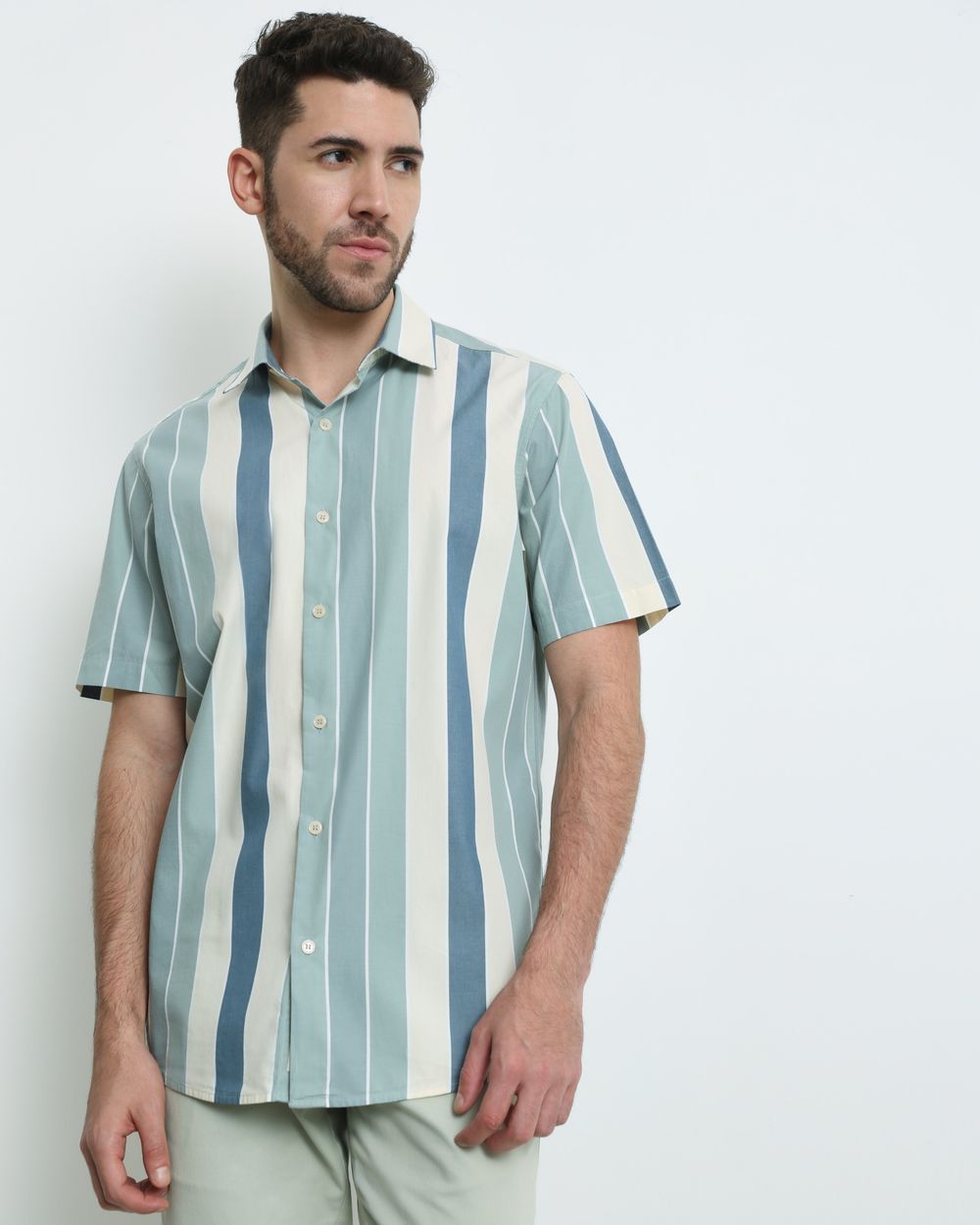 Light Olive Wide Stripe Slim Fit Casual Shirt