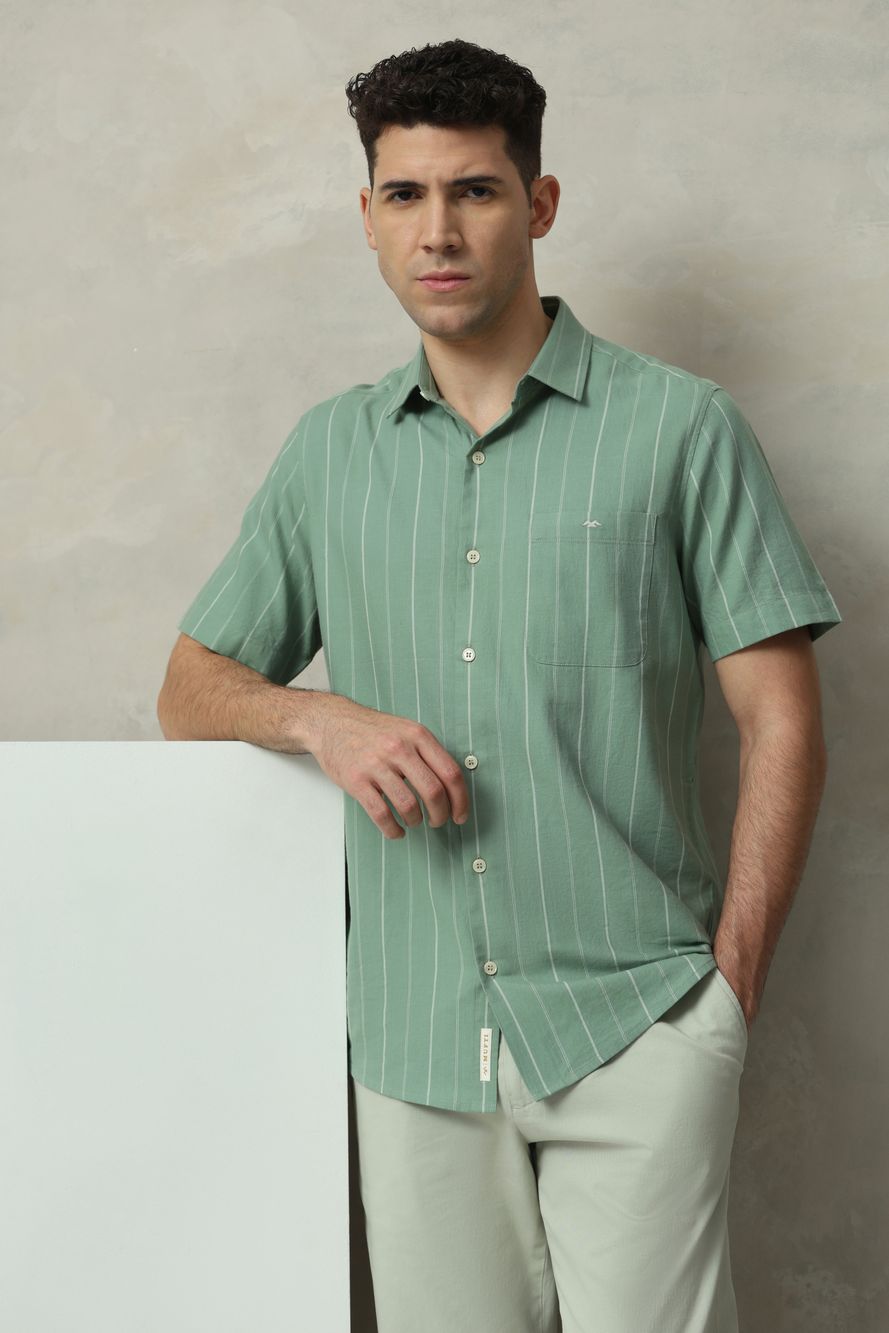 Light Olive Pin Stripe Slim Fit Casual Shirt