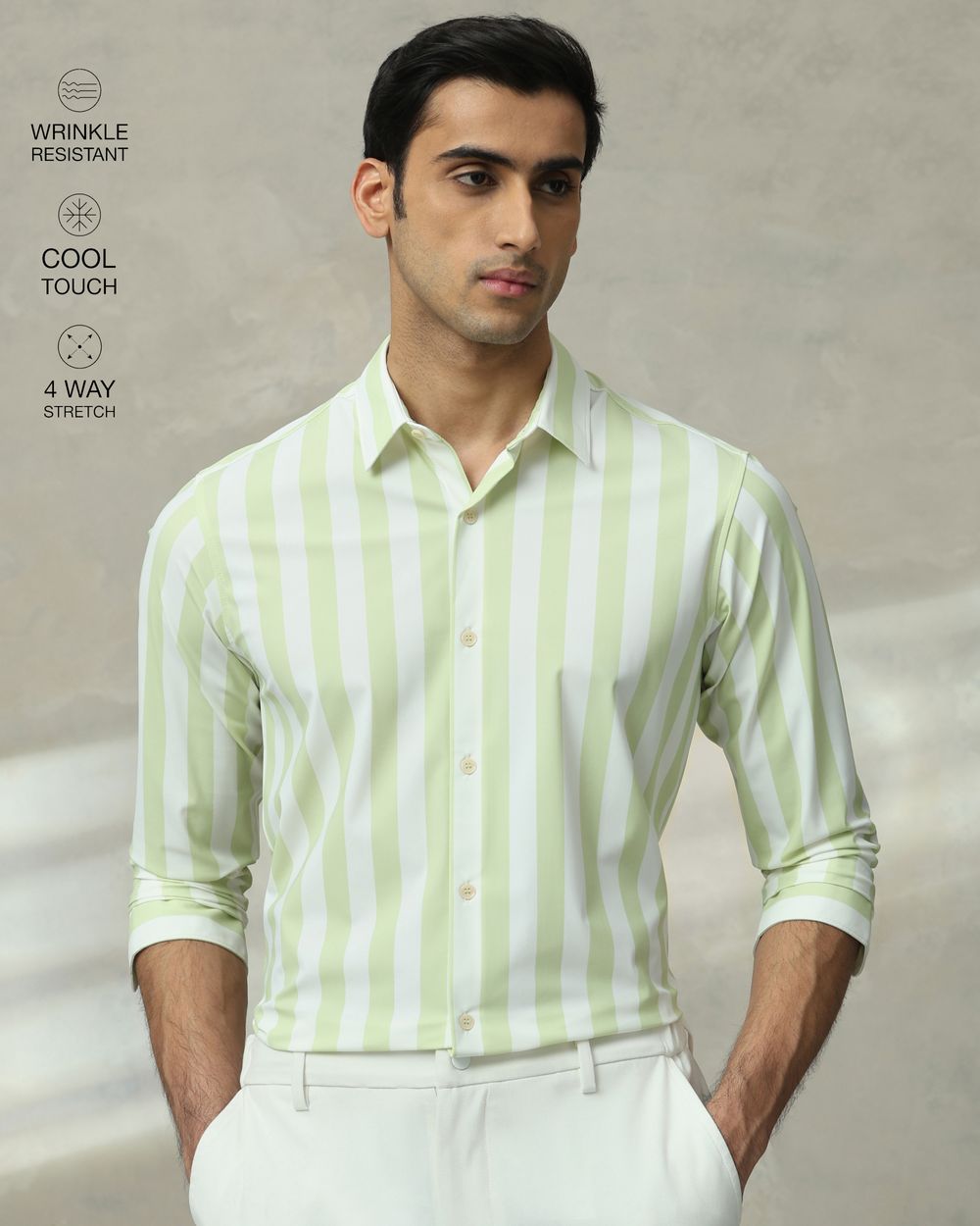 Light Green Scuba Stripe Stretch Slim Fit Casual Shirt