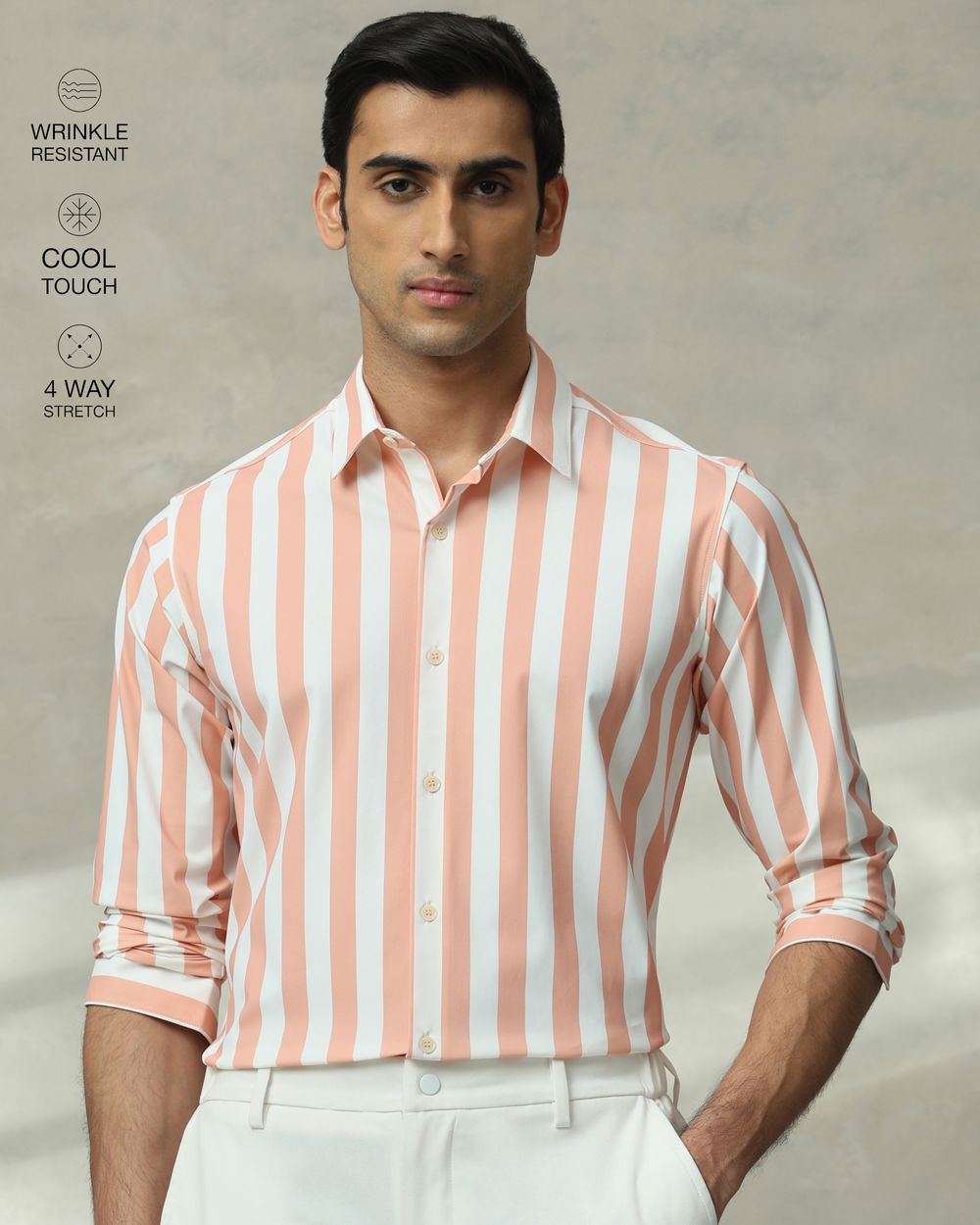 Peach Scuba Stripe Stretch Slim Fit Casual Shirt