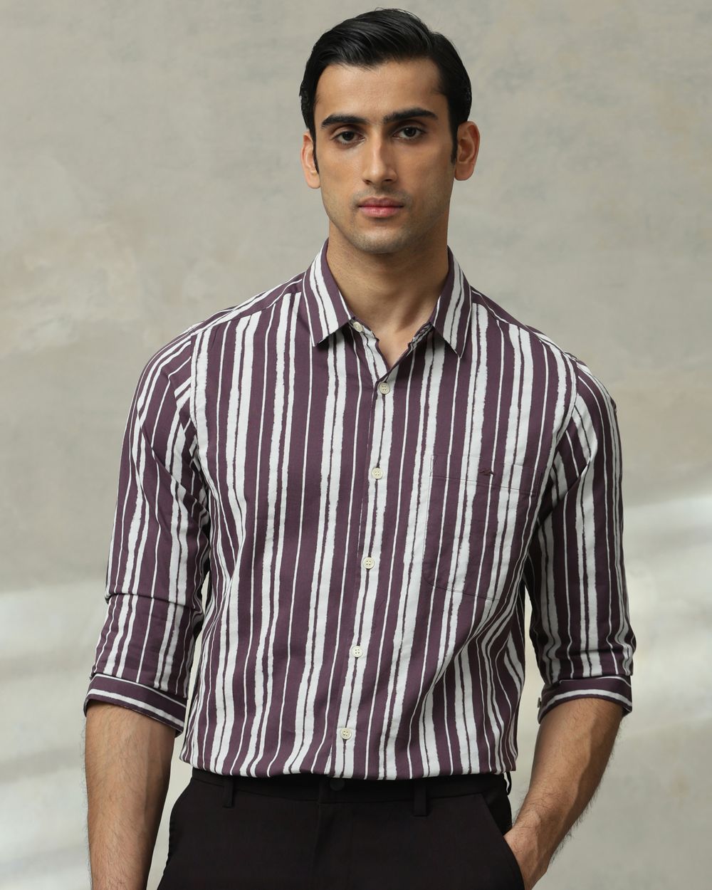 Purple Printed Stripe Slim Fit Casual Shirt