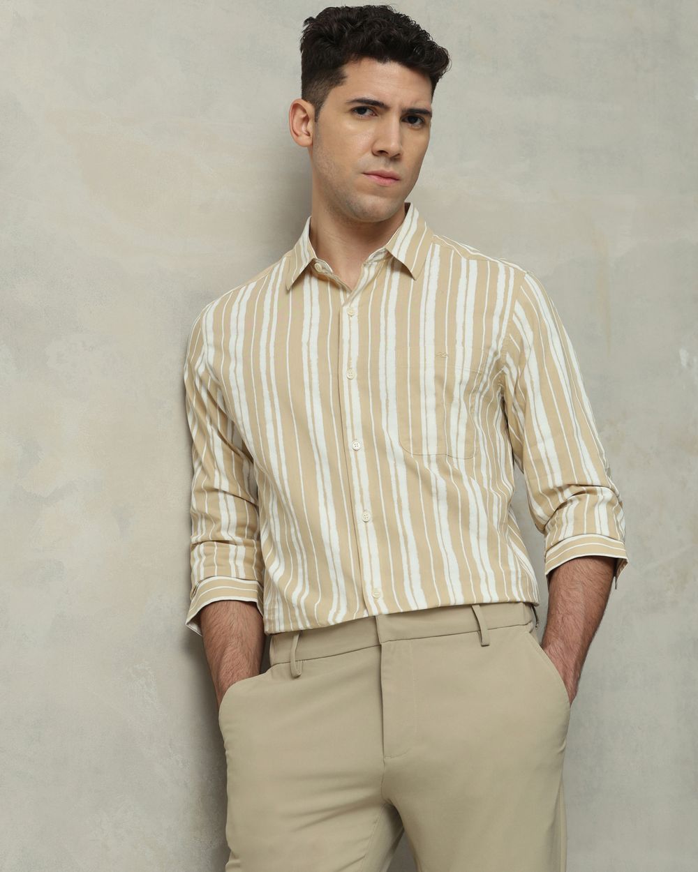 Beige Printed Stripe Slim Fit Casual Shirt