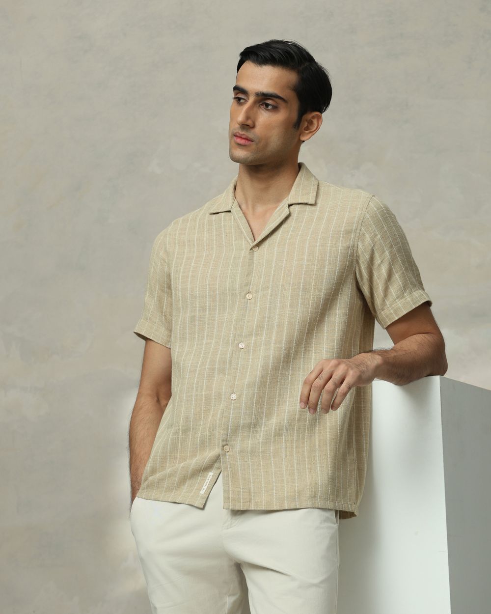 Beige Pin Stripe Relaxed Fit Casual Shirt