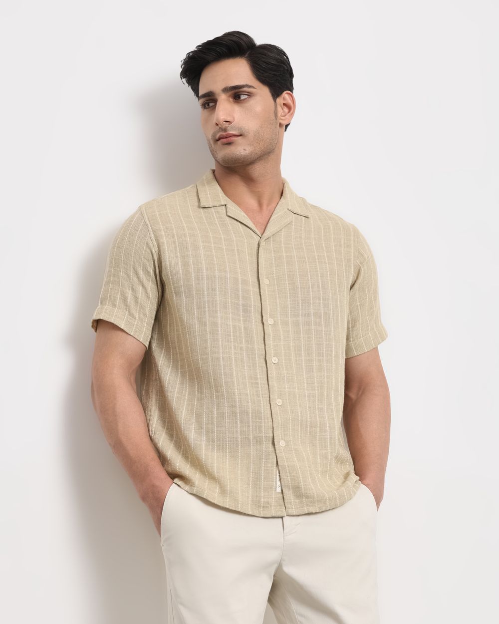 Beige Pin Stripe Relaxed Fit Casual Shirt