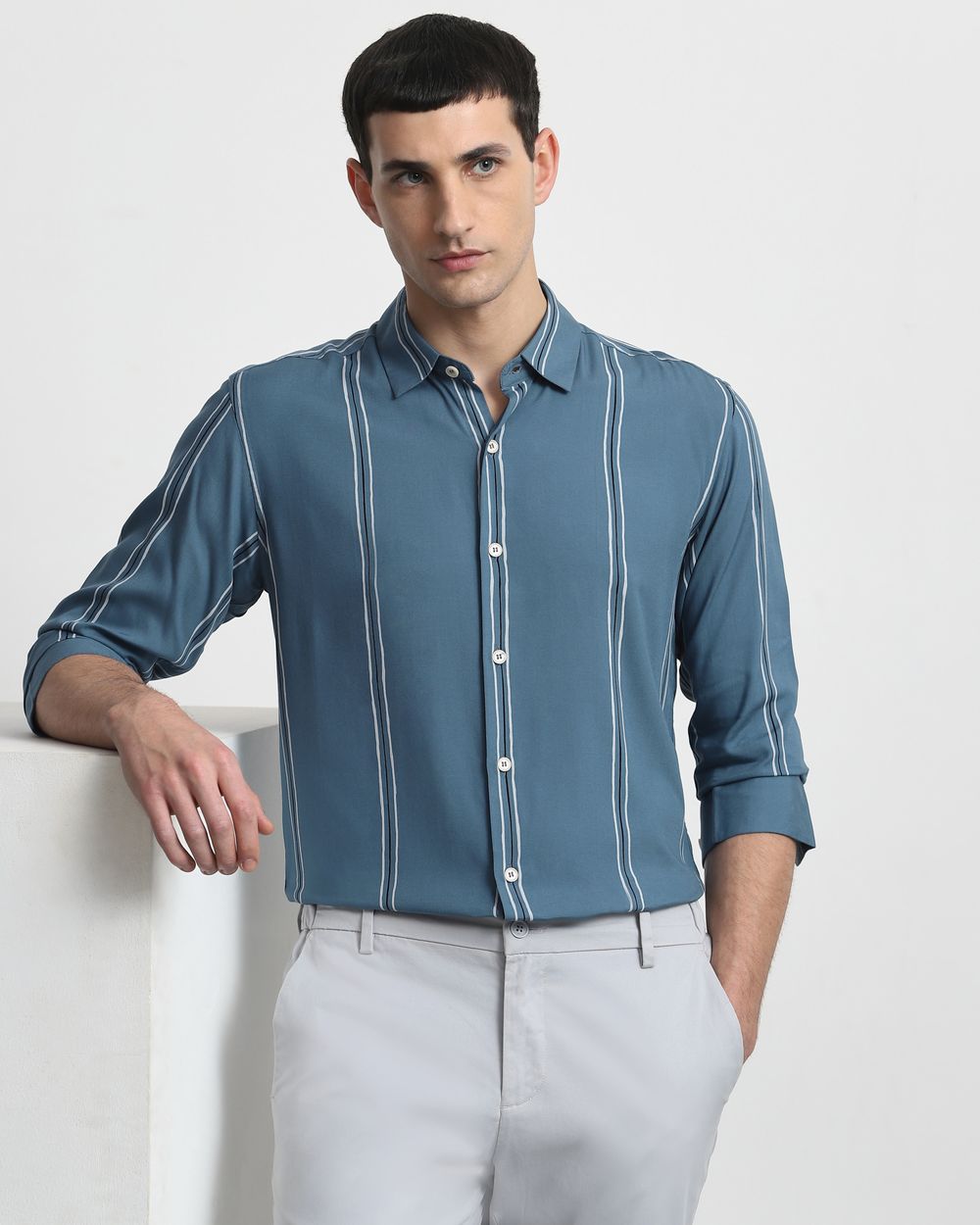 Blue Viscose Stripe Slim Fit Casual Shirt