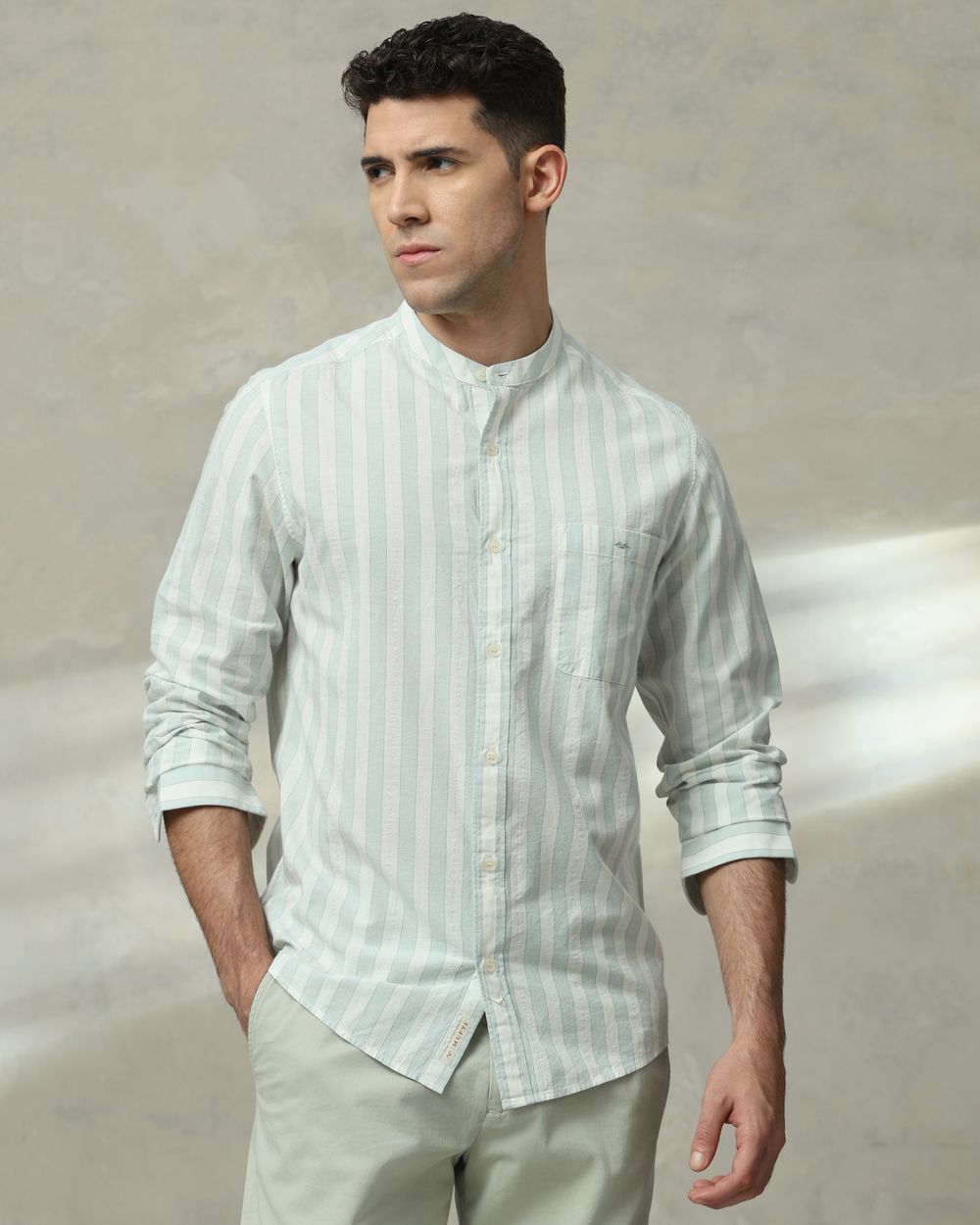 Sage Cotton Linen Stripe Slim Fit Casual Shirt