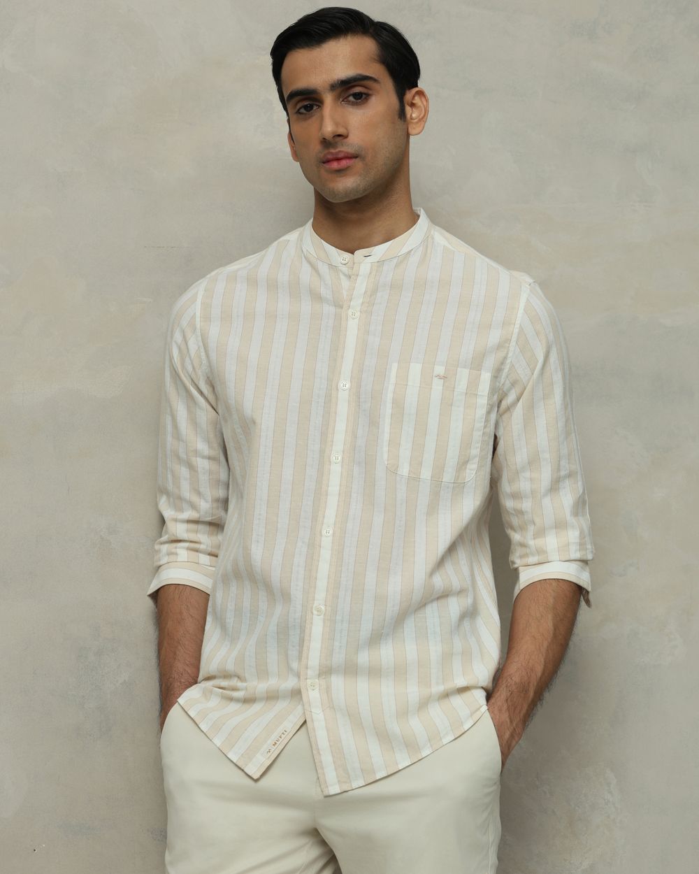 Beige Cotton Linen Stripe Slim Fit Casual Shirt