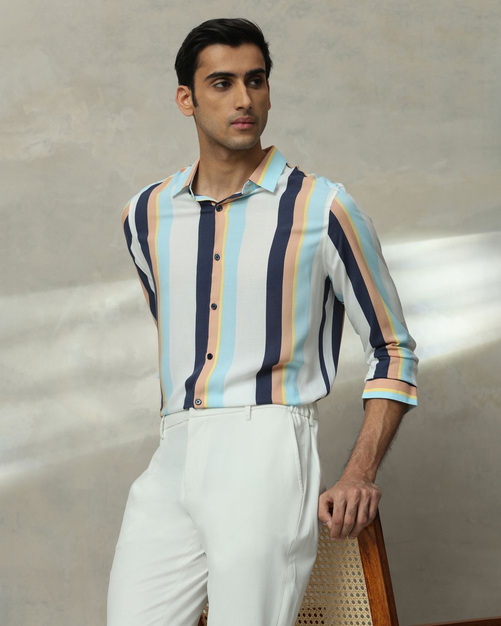 Multicolour Printed Stripe Slim Fit Casual Shirt