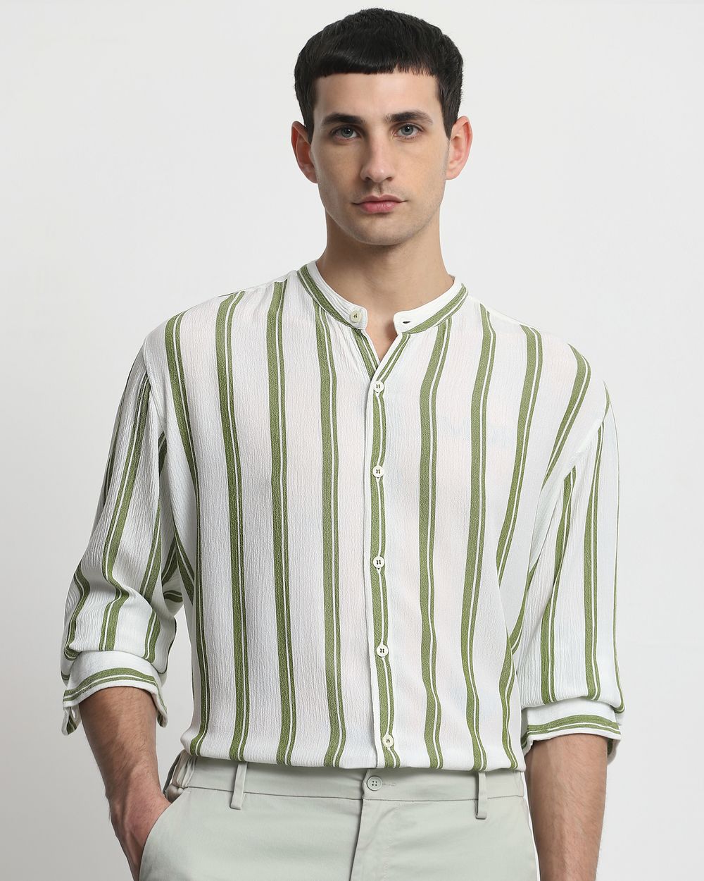 Olive Textured Stripe Slim Fit Casual Shirt