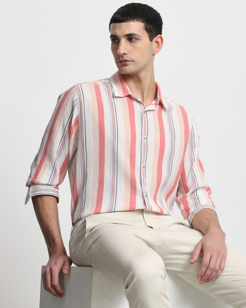 Pink Textured Stripe Slim Fit Casual Shirt
