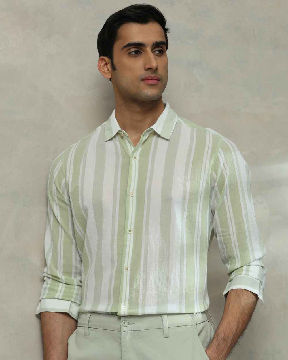 Sage Wide Stripe Slim Fit Casual Shirt