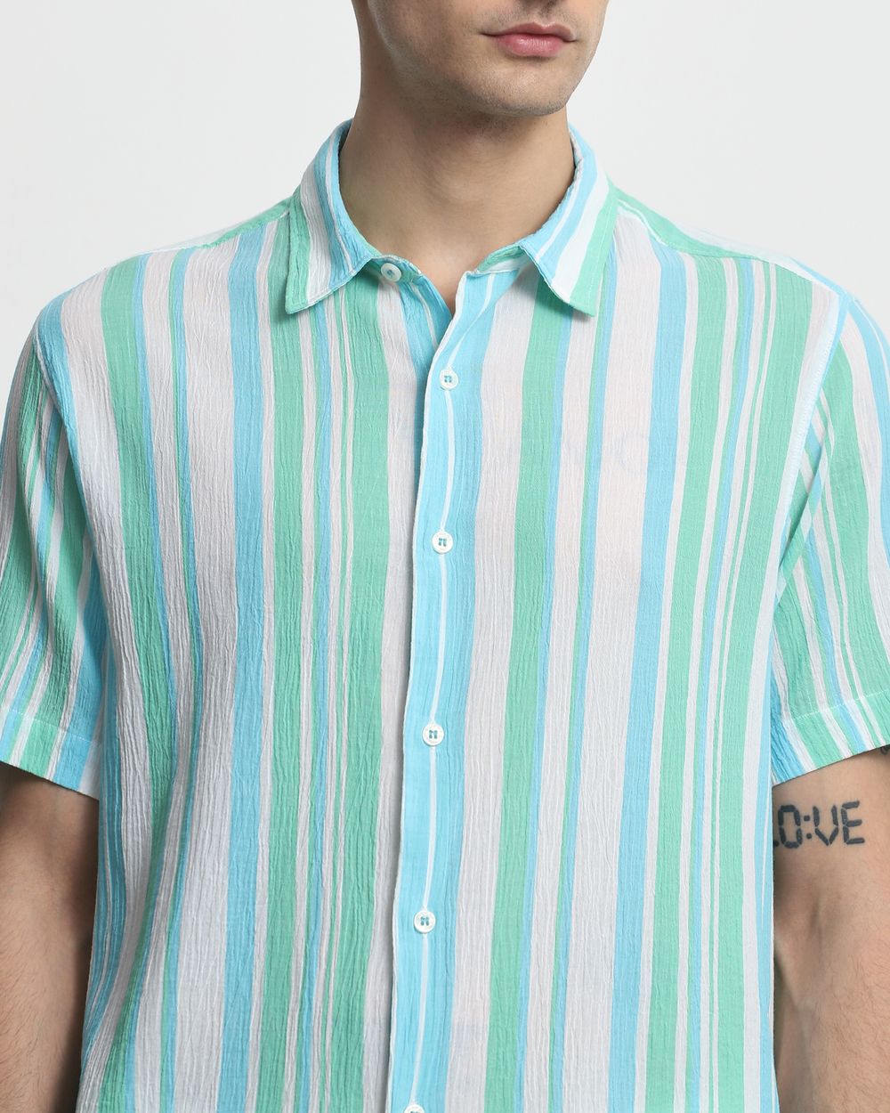 Green Textured Stripe Slim Fit Casual Shirt