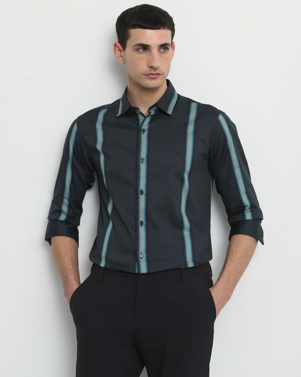 Dark Green Satin Stripe Slim Fit Casual Shirt