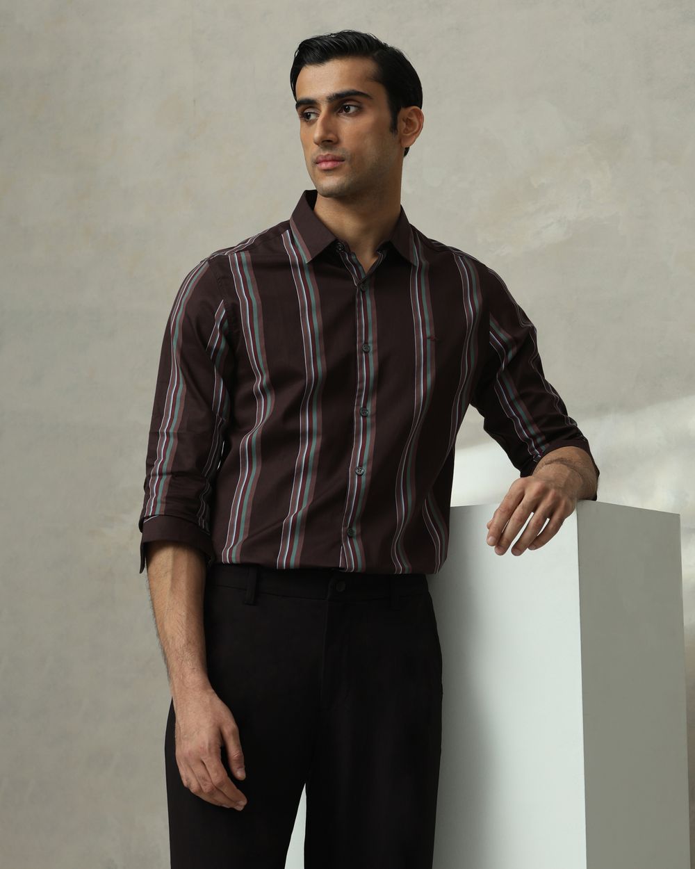 Brown Satin Stripe Slim Fit Casual Shirt