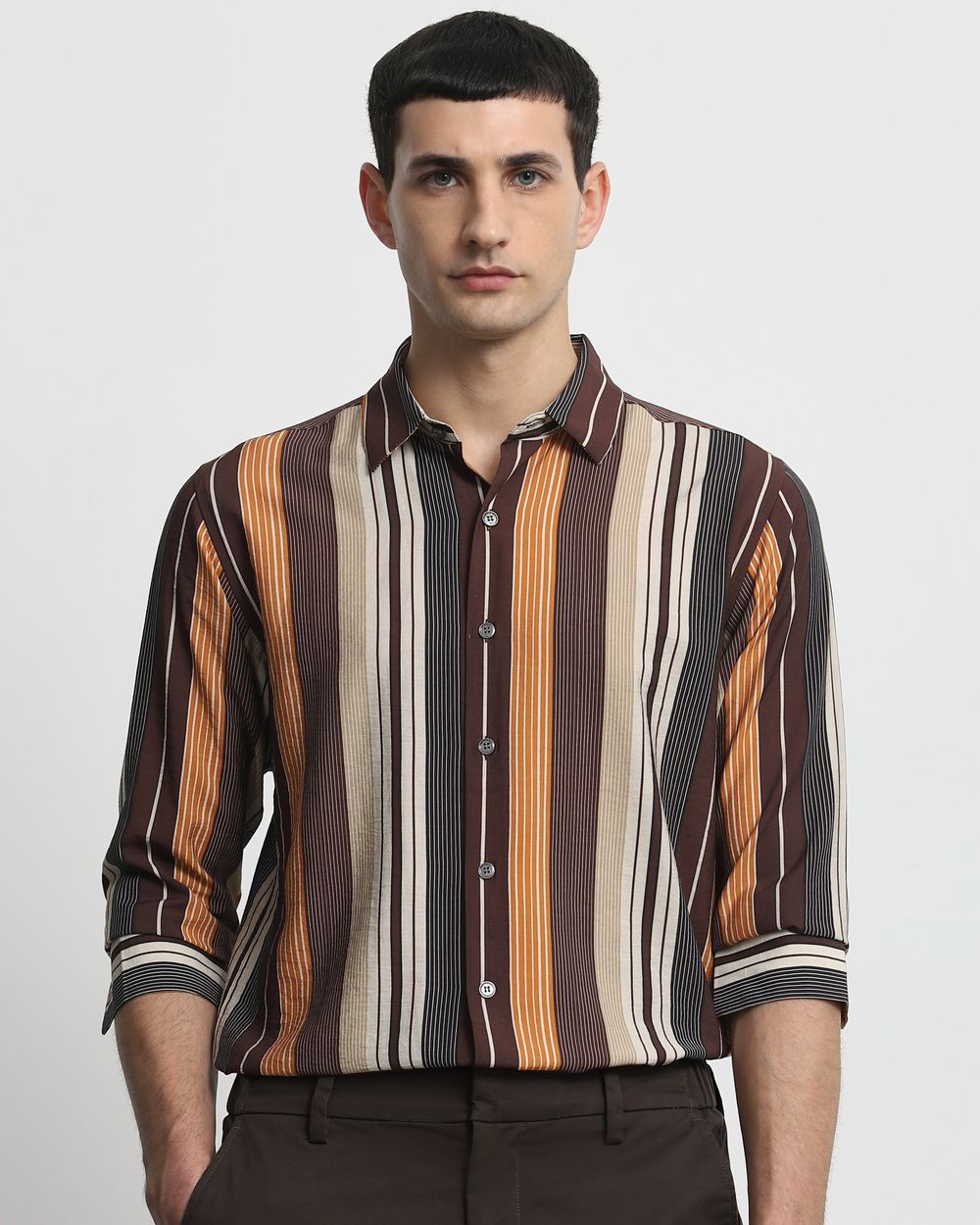 Brown Wide Stripe Slim Fit Casual Shirt