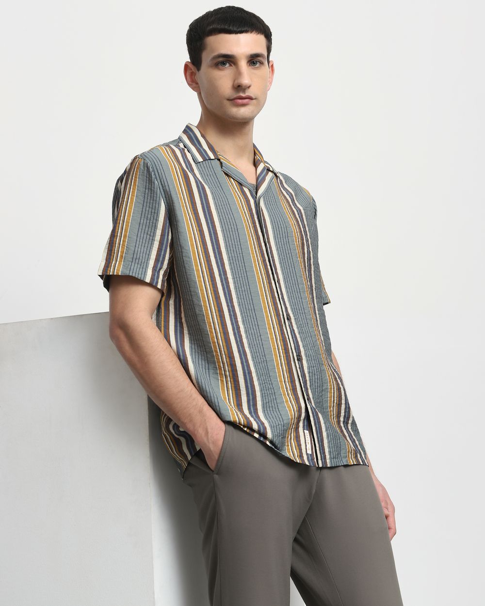Teal Textured Stripe Relaxed Fit Casual Shirt