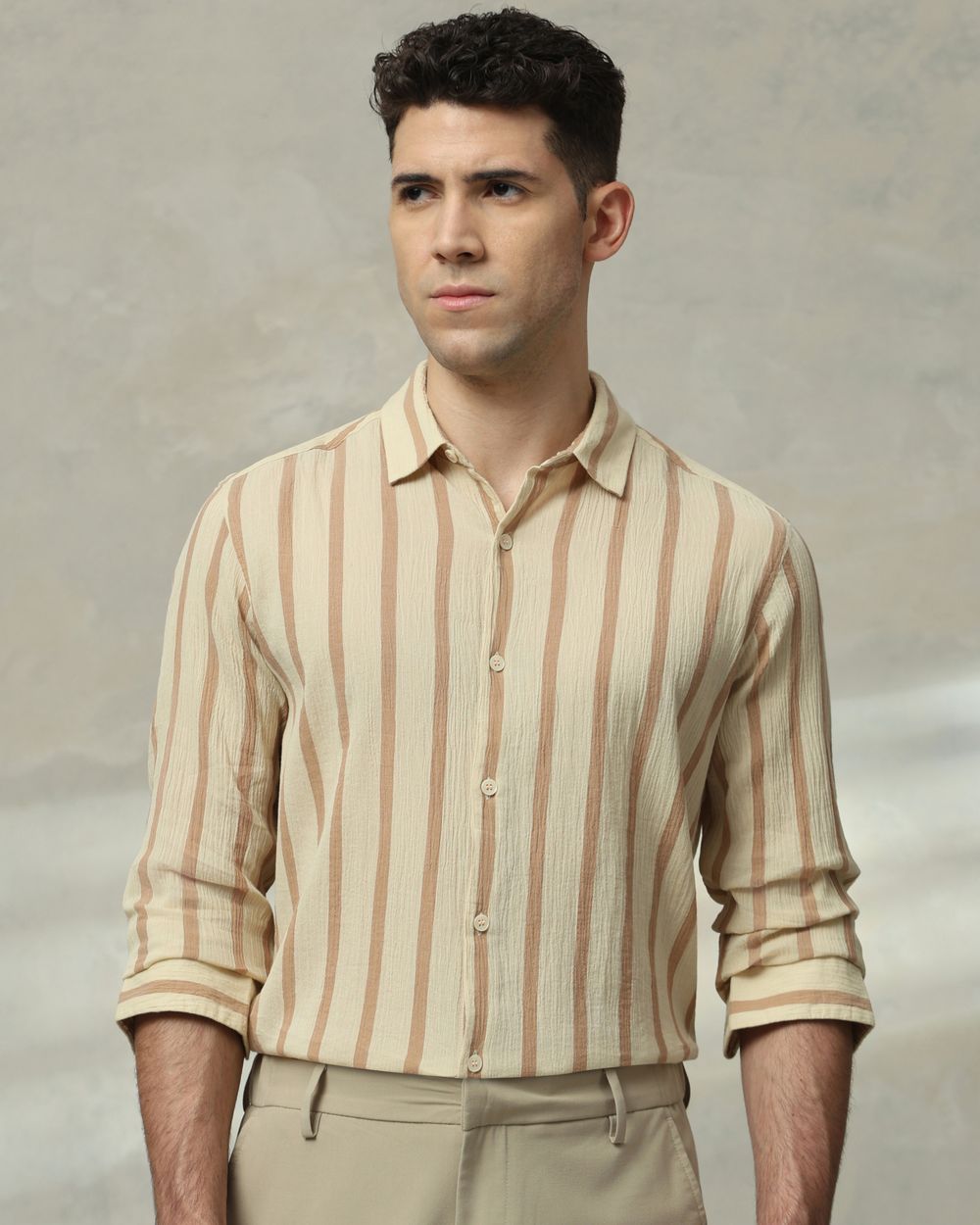 Beige Textured Stripe Slim Fit Casual Shirt