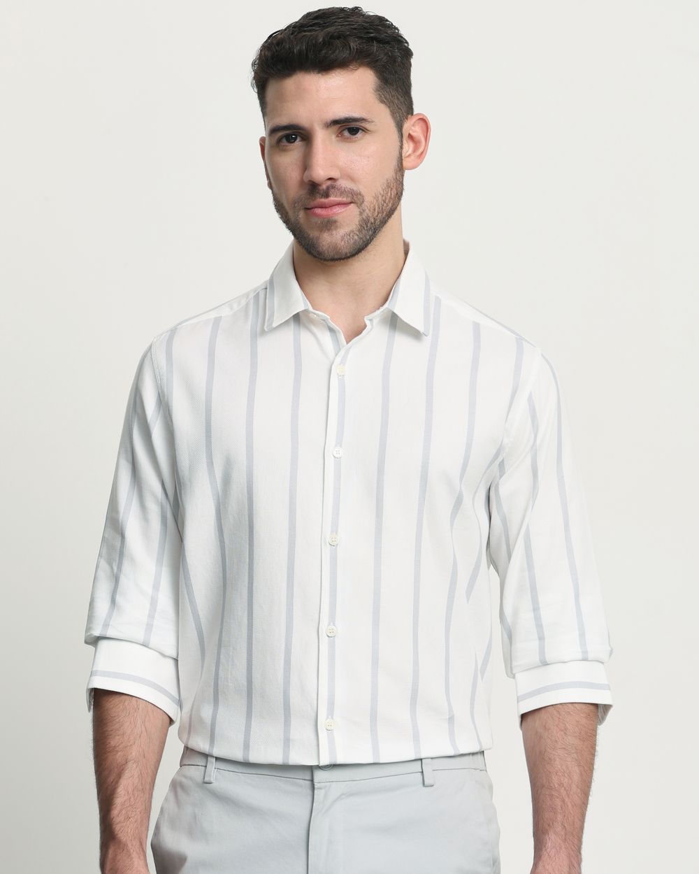 White Textured Stripe Slim Fit Casual Shirt