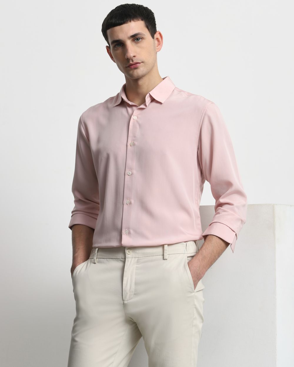 Pastel Pink Fluid Plain Slim Fit Casual Shirt