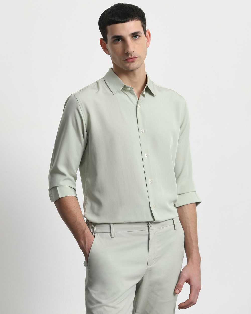 Sage Fluid Plain Slim Fit Casual Shirt