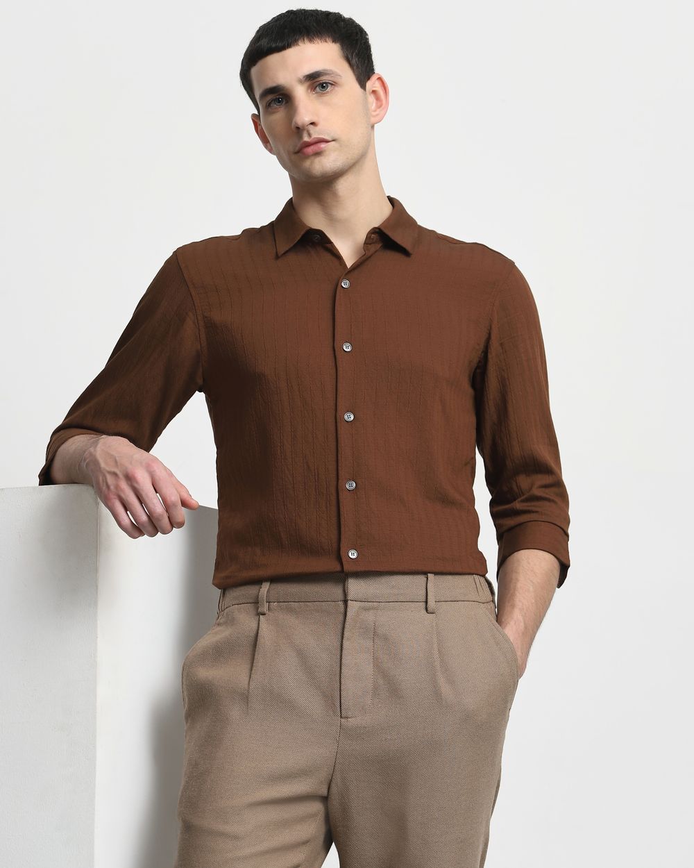 Brown Textured Plain Slim Fit Casual Shirt