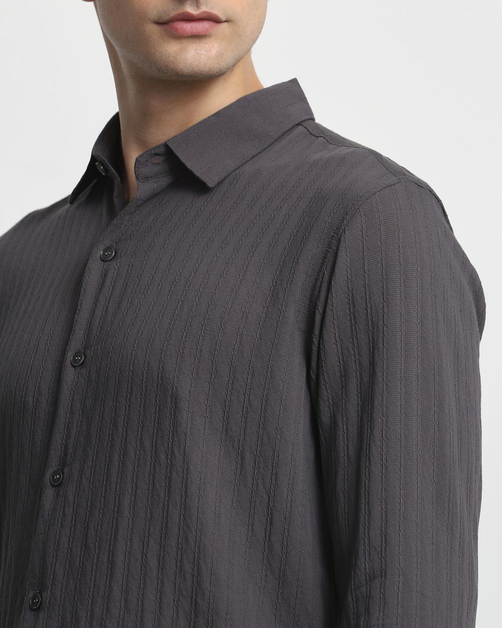 Grey Textured Plain Slim Fit Casual Shirt
