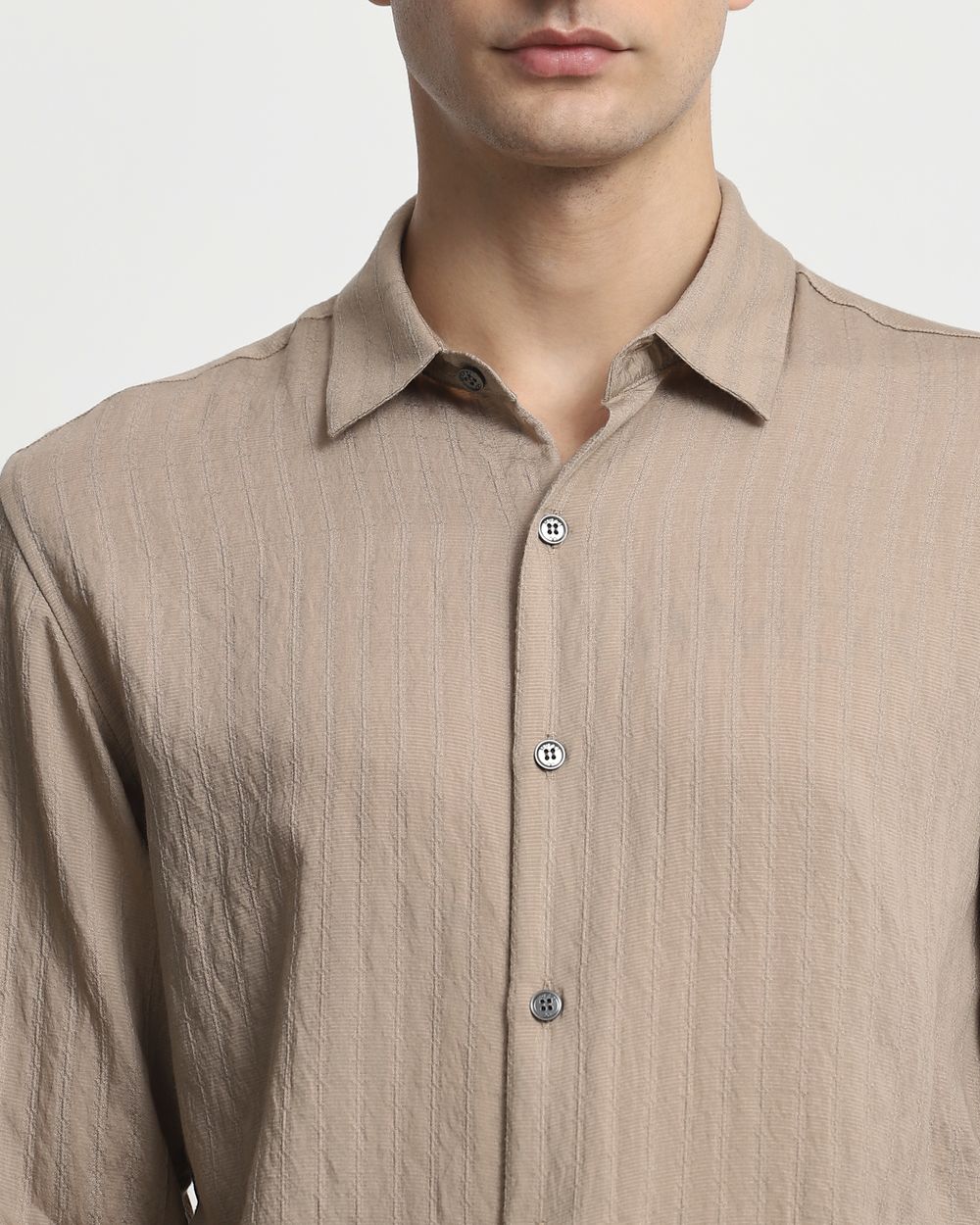 Beige Textured Plain Slim Fit Casual Shirt