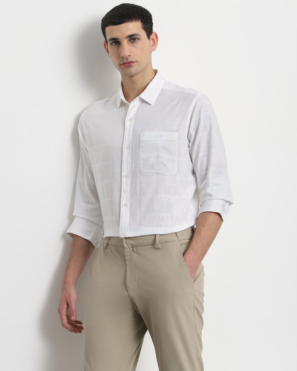 White Textured Plain Slim Fit Casual Shirt