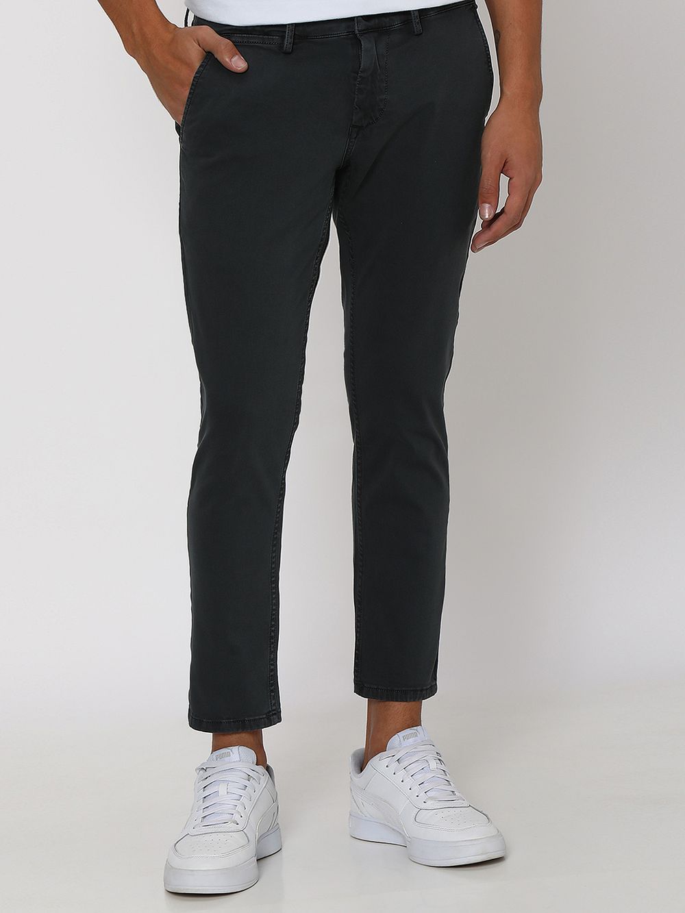 Grey Ankle Length Stretch Chinos