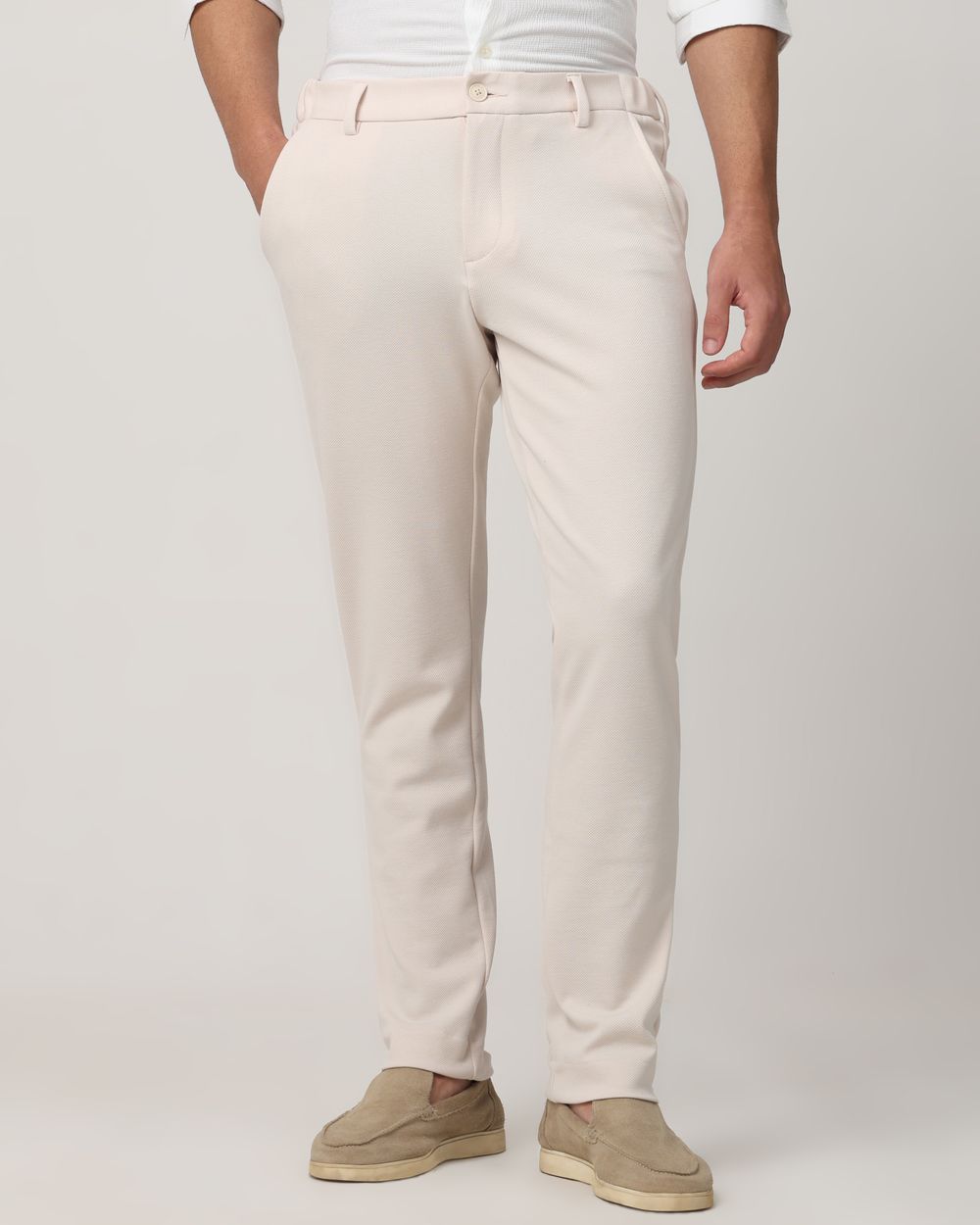 Beige Slim Fit Jersey Flat Front Pants Trousers