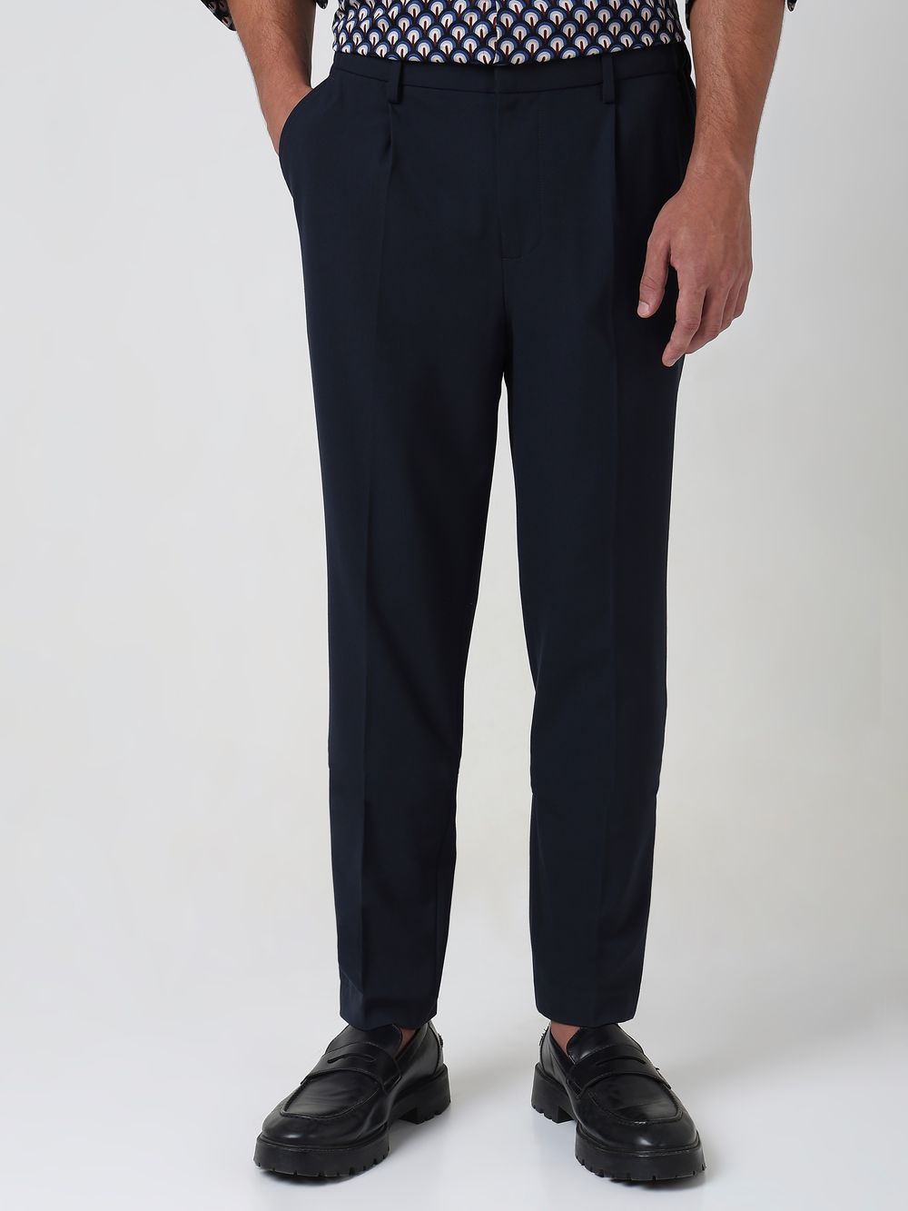 Navy Relaxed Tapered Fit Single Pleated Trouser