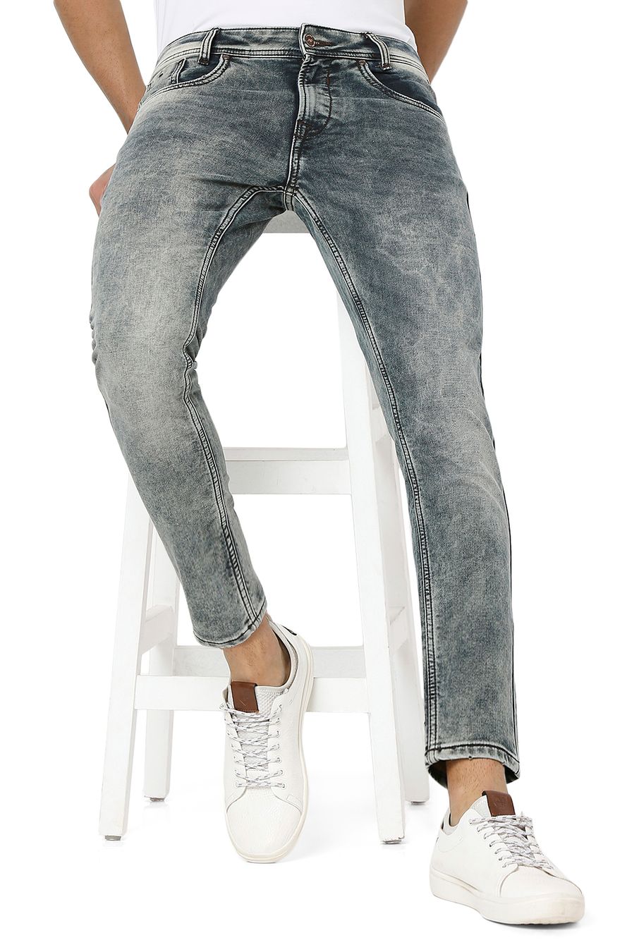Mid Blue Ankle Length Knitted Stretch Jeans