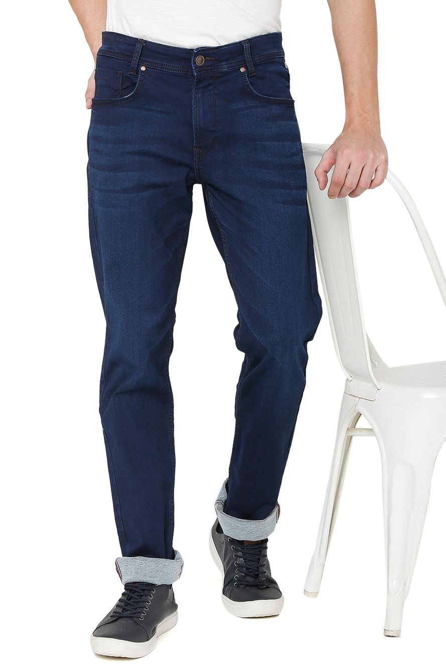 Deep Blue Straight Fit Knitted Stretch Jeans