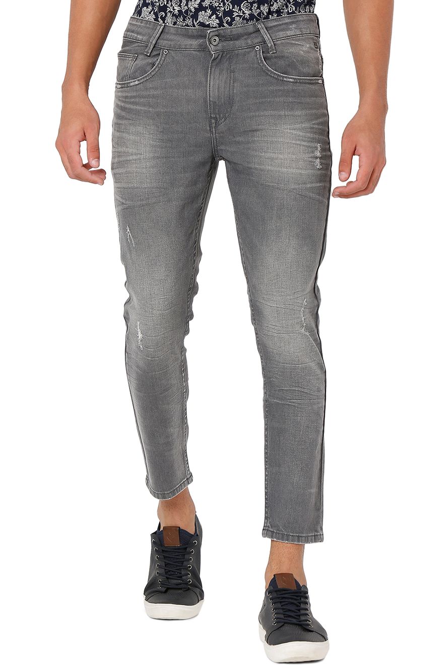 Grey Ankle Length Distressed Stretch Jeans