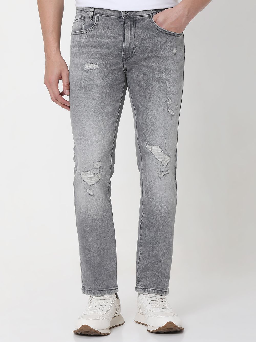 Grey Super Slim Fit Distressed Stretch Jeans