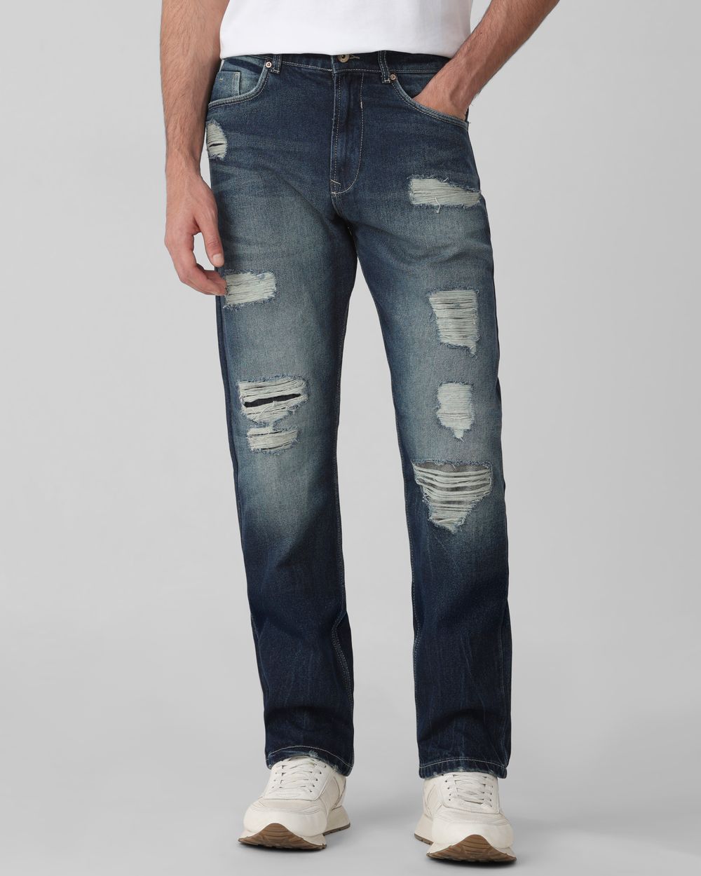 Dark Indigo Blue Loose Fit Distressed Stretch Jeans