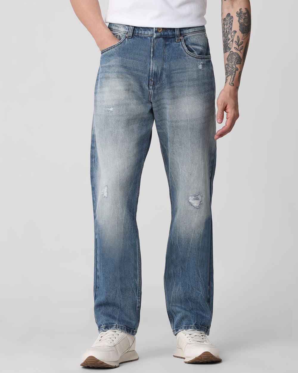 Mid Blue Loose Fit Distressed Stretch Jeans