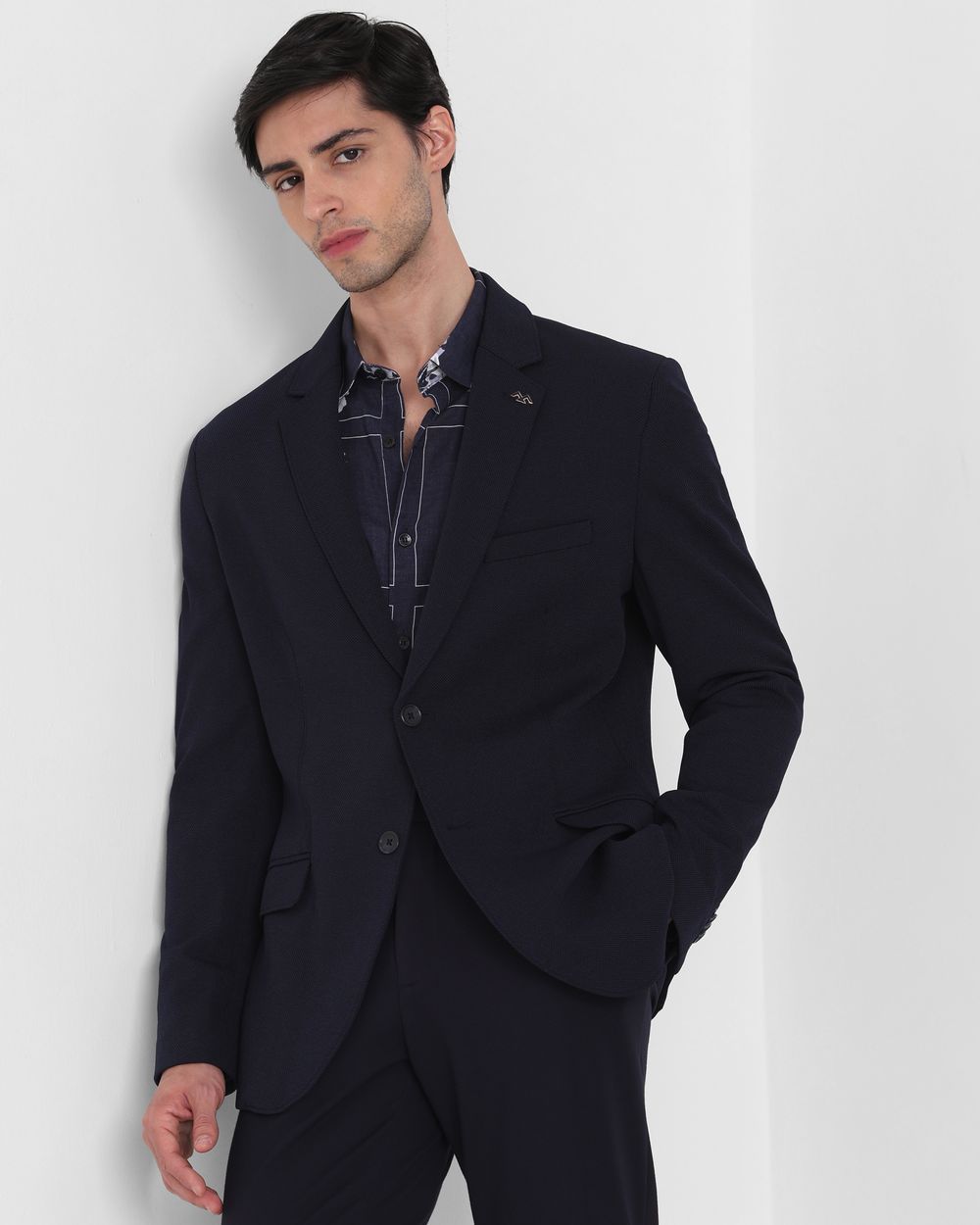 Navy Textured Plain Slim Fit Blazer