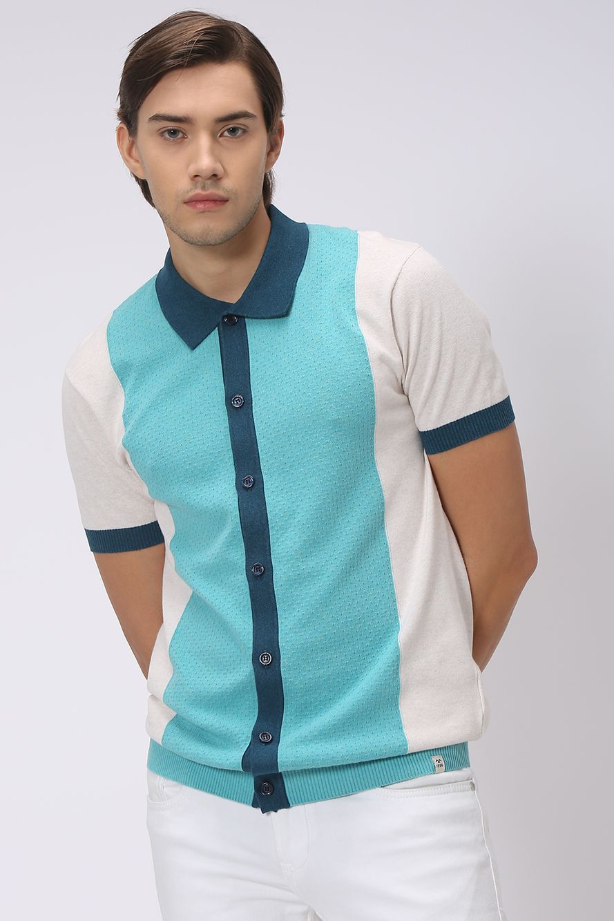 Turquoise & Off White Solid Flatknit Polo