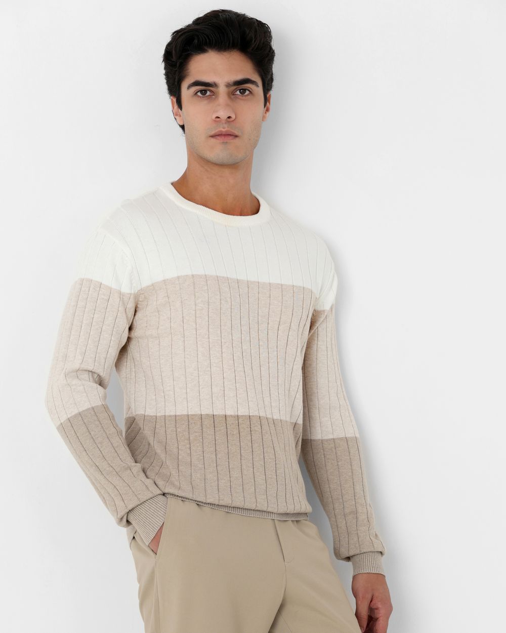 Beige Color-Blocked Slim Fit Sweater