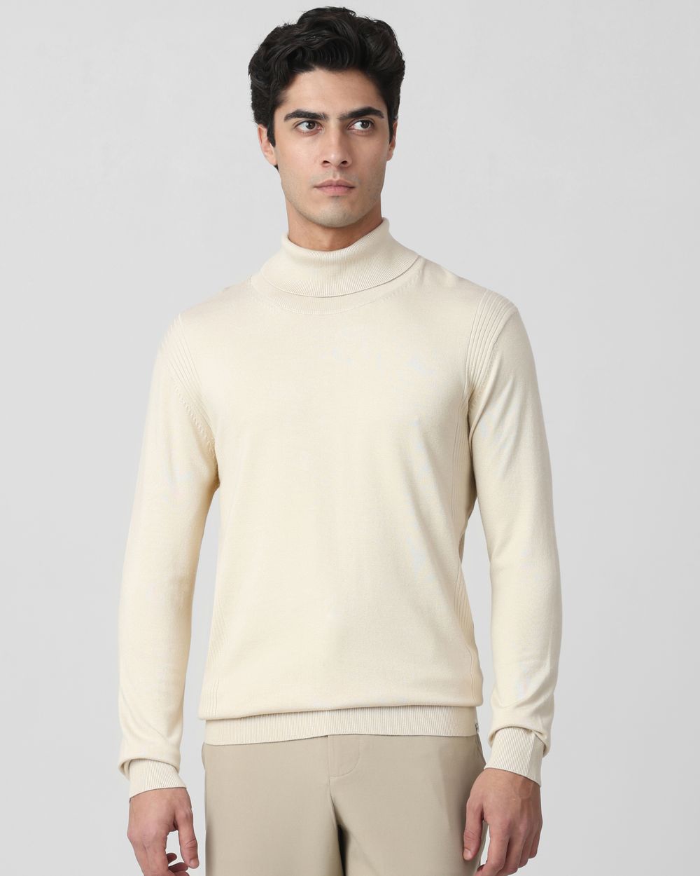 Beige Turtle Neck Plain Slim Fit Sweater