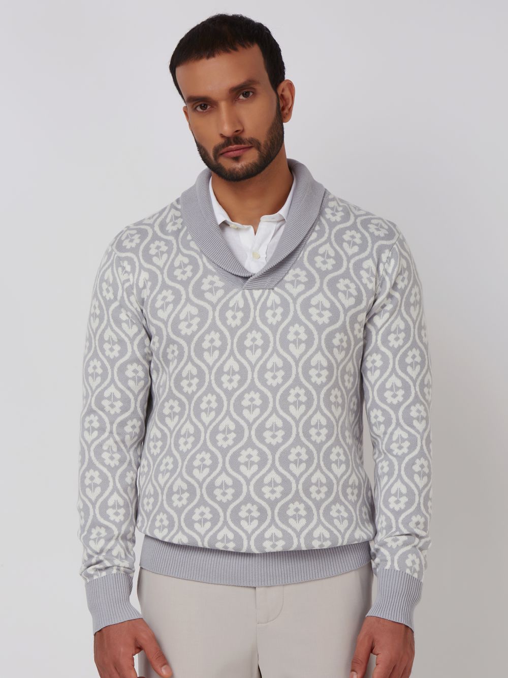 Light Grey Jacquard Slim Fit Sweater