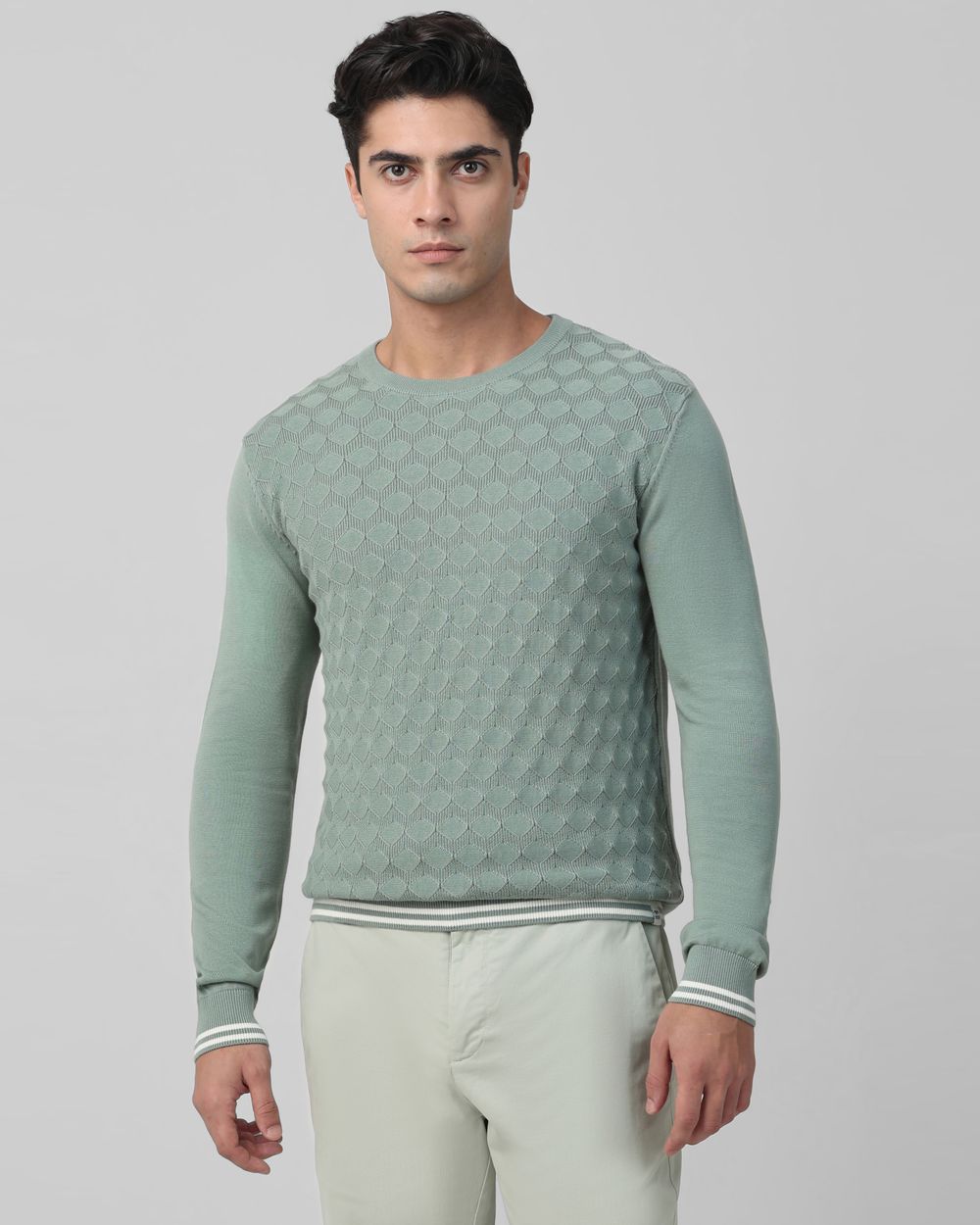 Light Olive Textured Plain Slim Fit Sweater