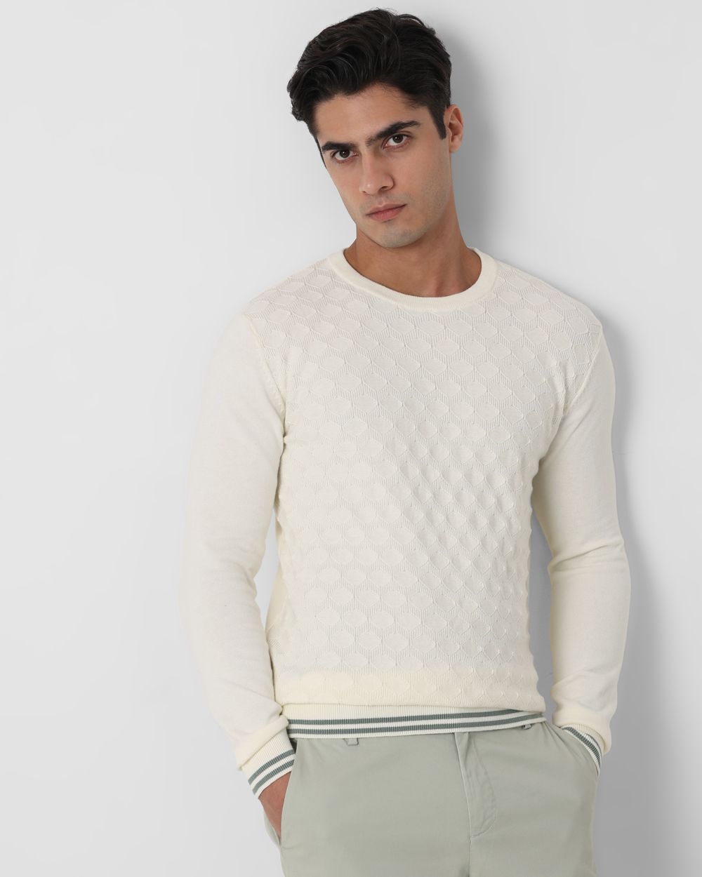 Off White Textured Plain Slim Fit Sweater