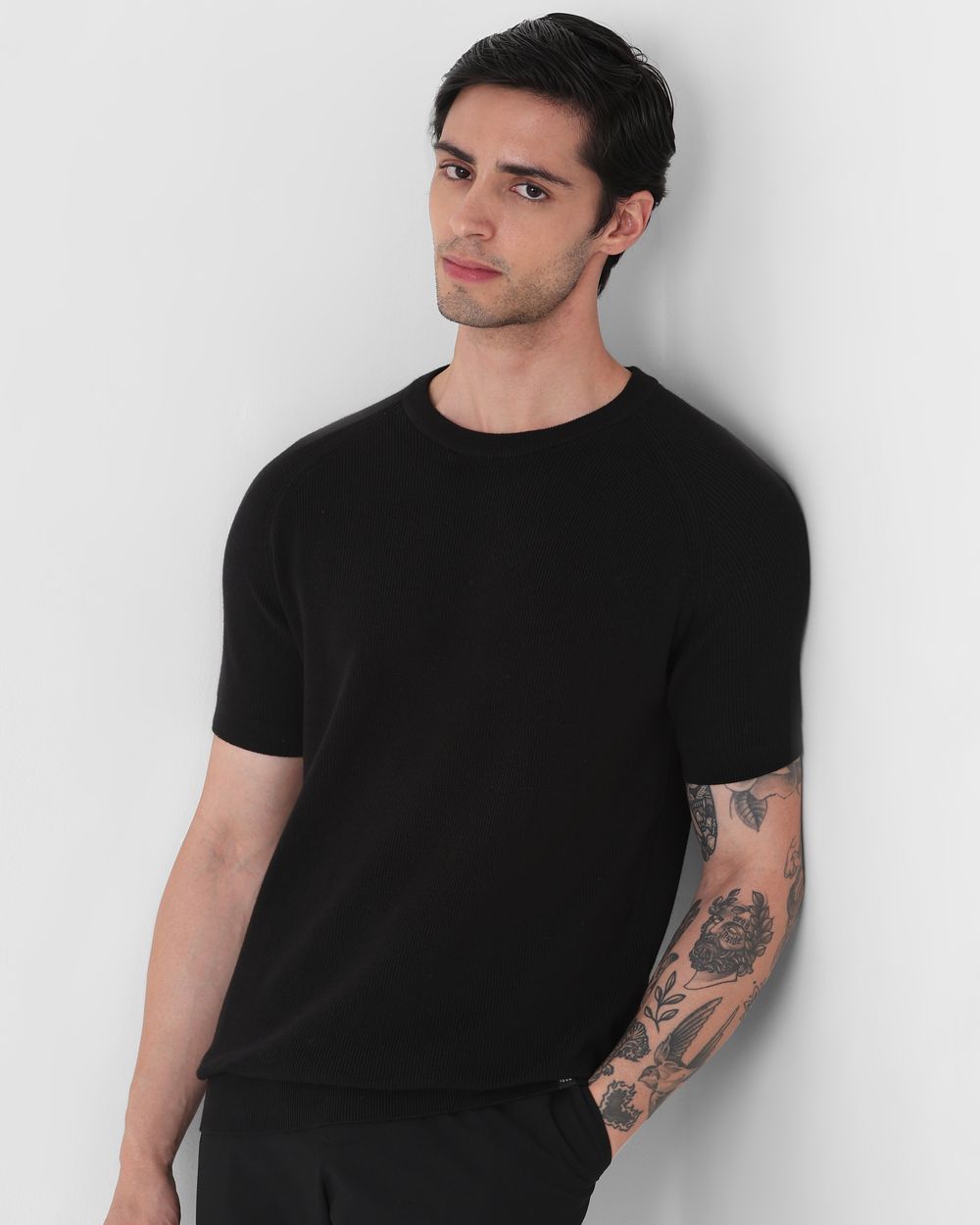 Black Textured Slim Fit Flatknit Tee