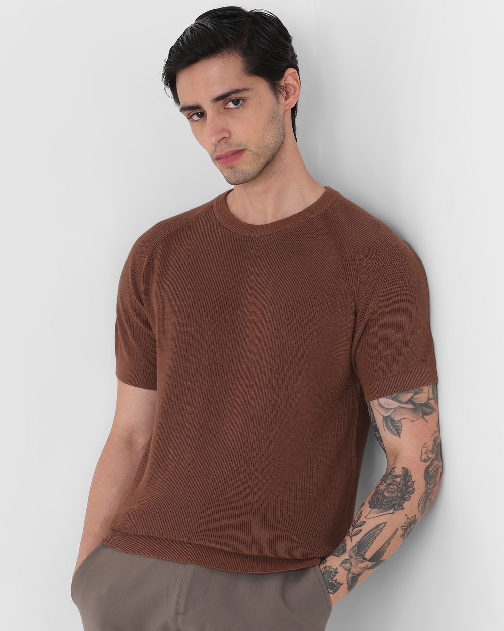 Brown Textured Slim Fit Flatknit Tee