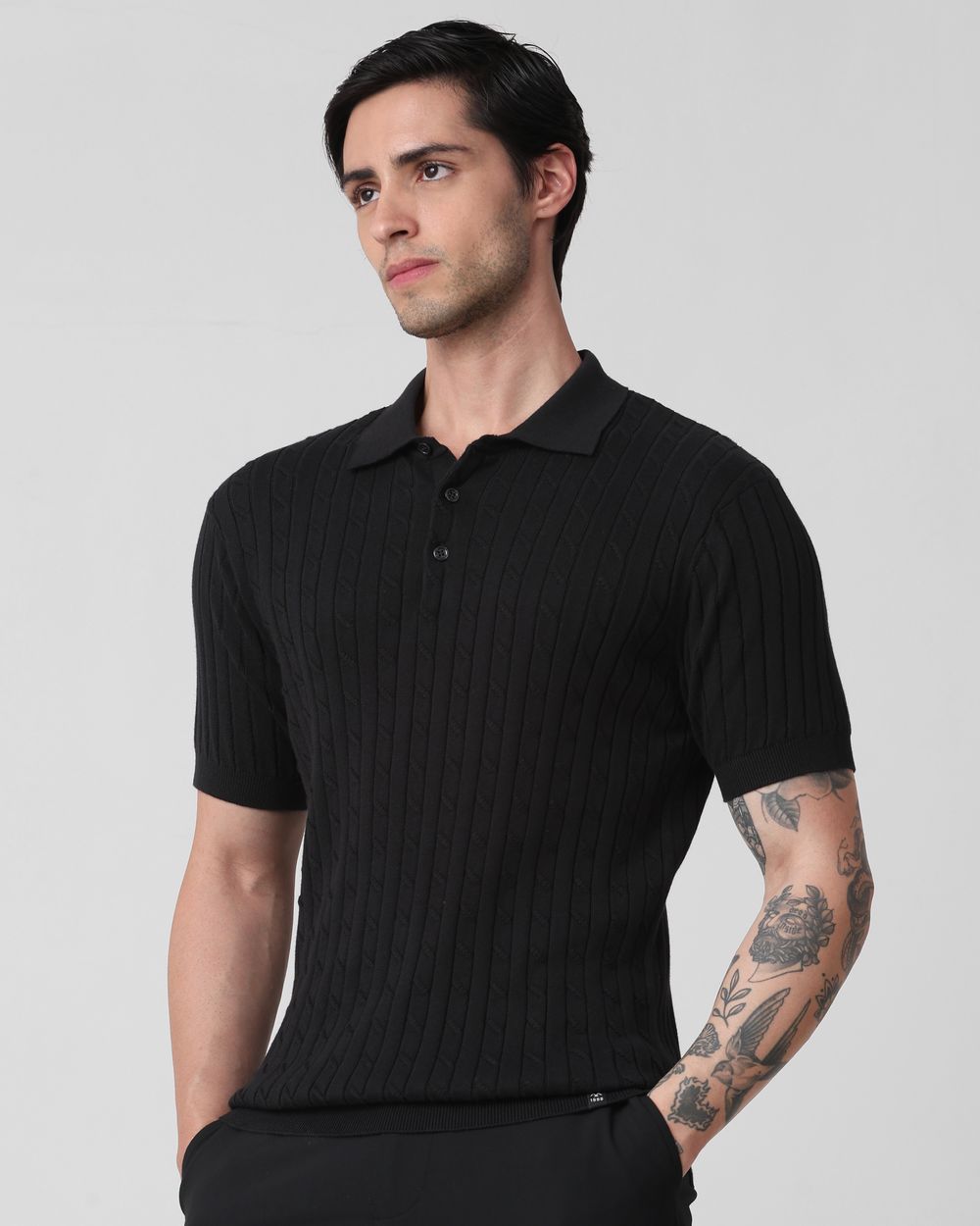 Black Self Stripe Flatknit Slim Fit Polo