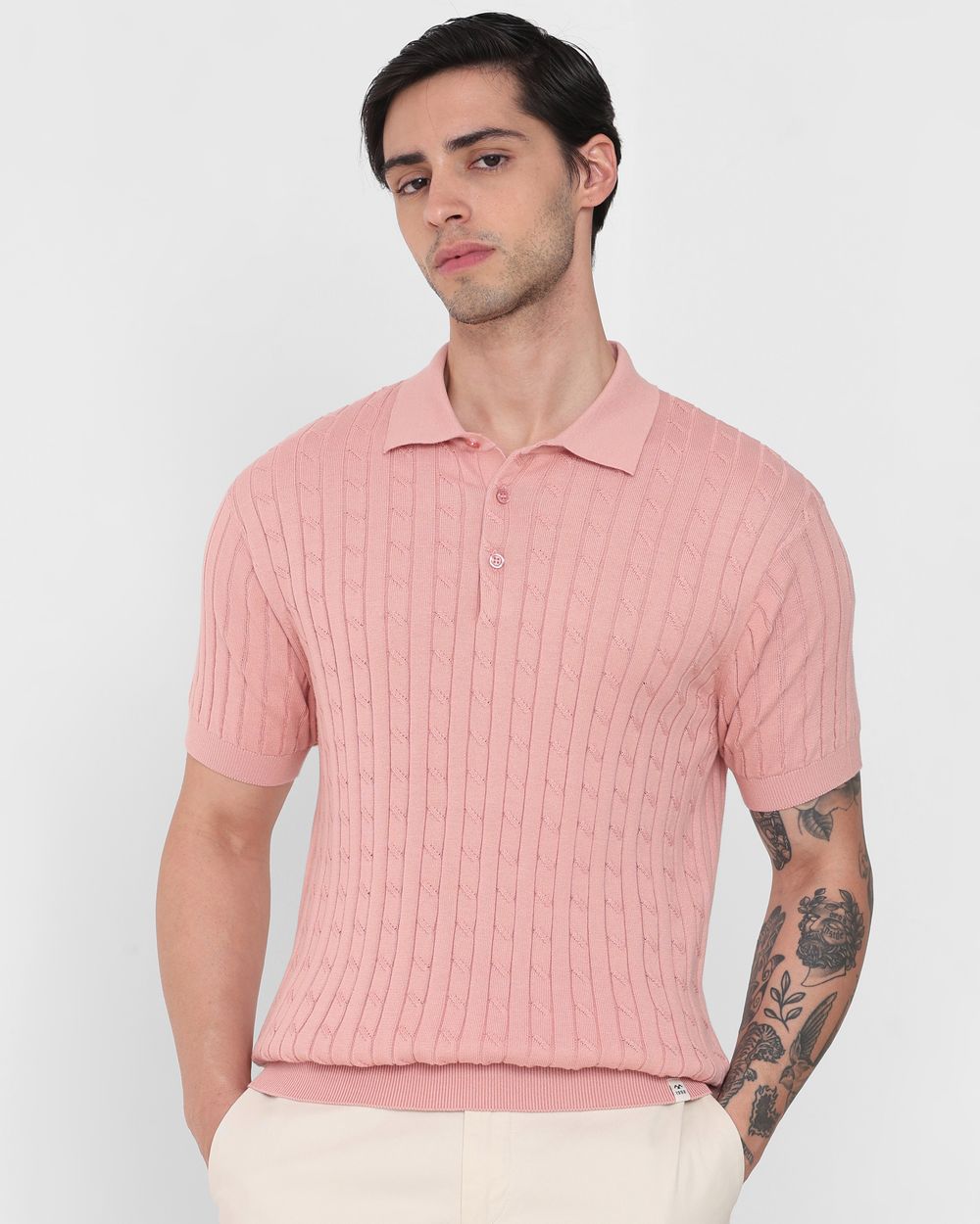 Pastel Pink Self Stripe Flatknit Slim Fit Polo